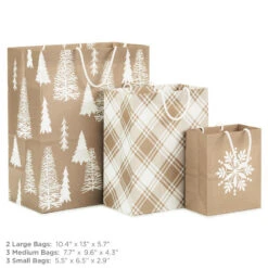 Hallmark Christmas Kraft 8-Pack Holiday Gift Bags, Assorted Sizes And Designs -Hallmark White on Kraft Paper Assortment Christmas Gift Bags 5XGB1417 03